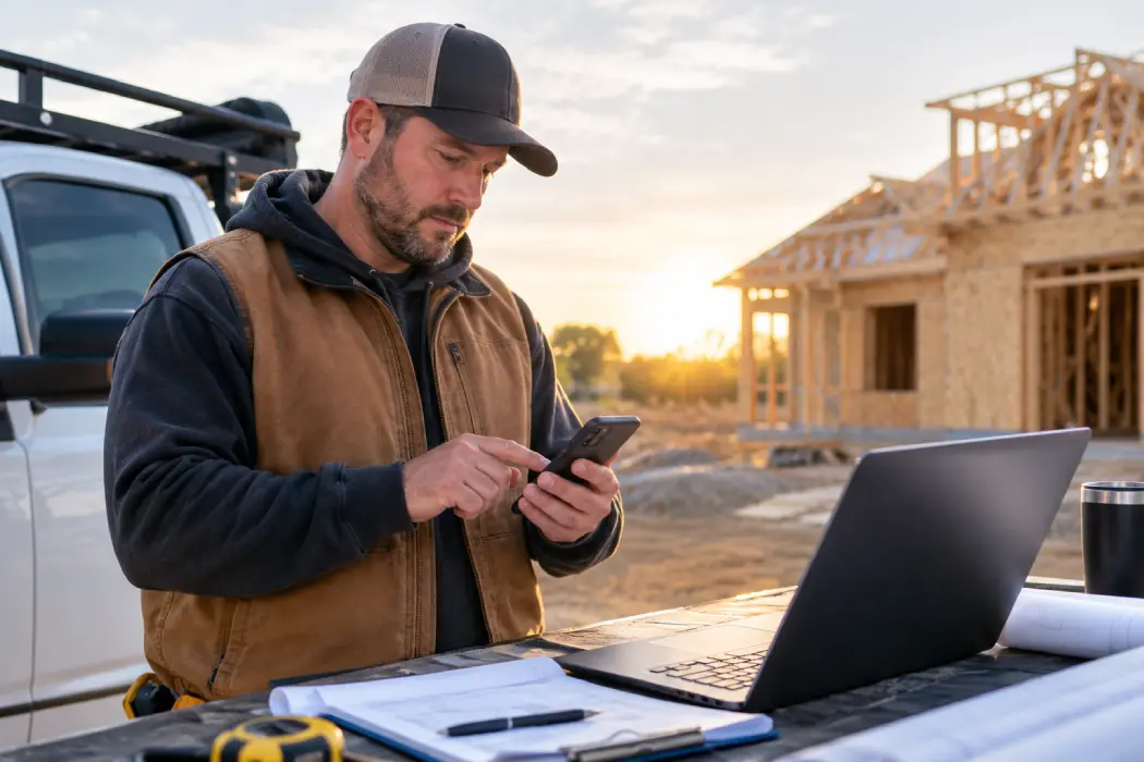 Contractor checking phone outdoors reviewing lead cost